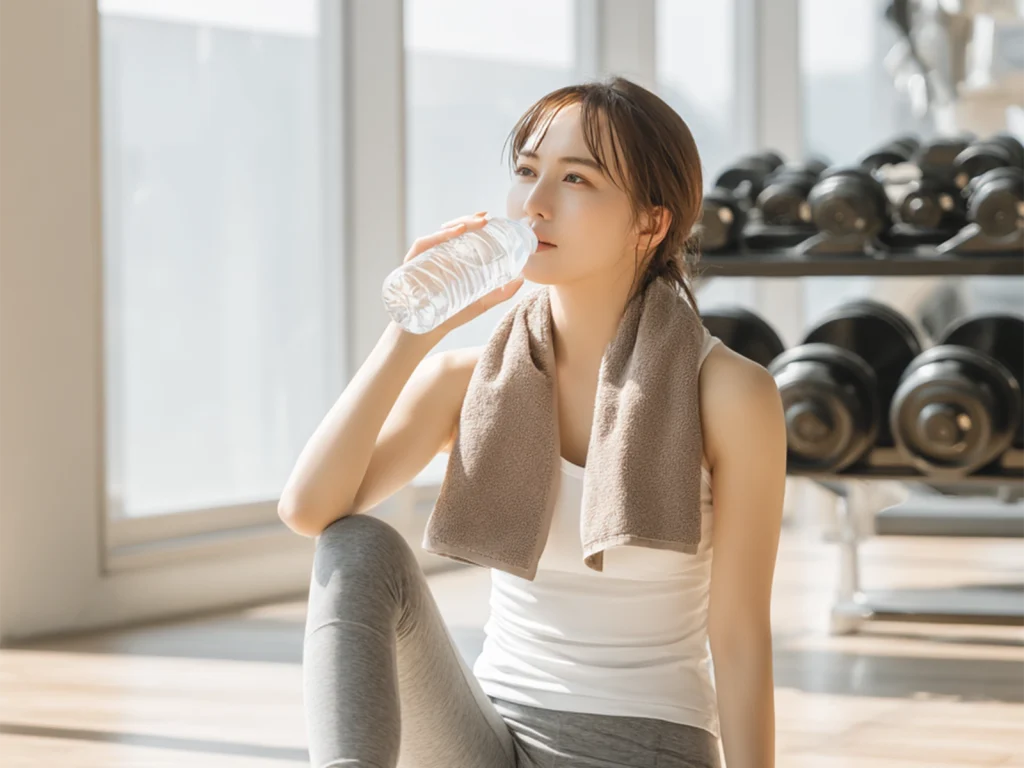 トレーニング中に水分補給を行いながらコンディションを整えている様子